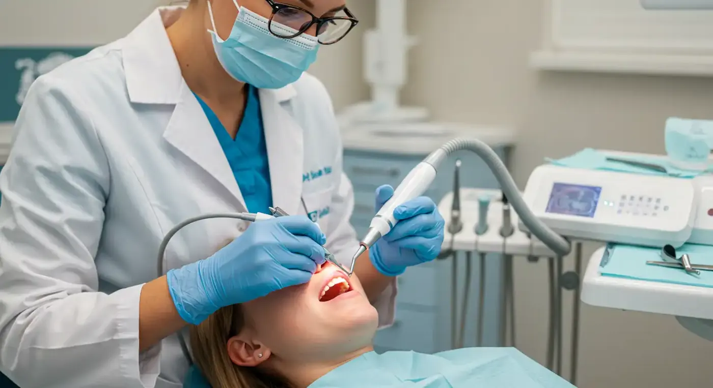 Dentista profesional atendiendo paciente en Periodent - Clínica dental moderna en Portuguesa